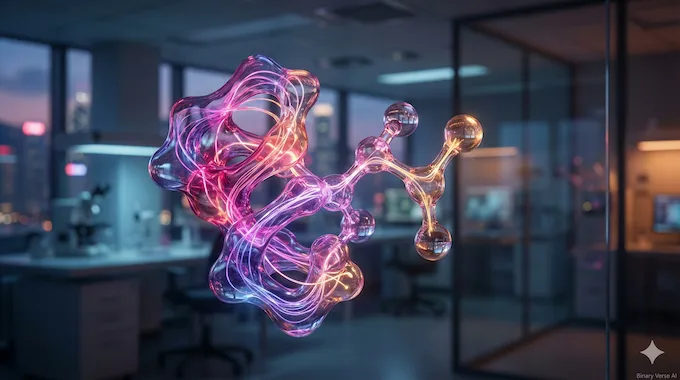 A bioluminescent 3D protein structure floating in a lab, illustrating AlphaFold breakthroughs for AI News November 29 2025.