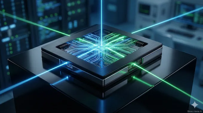 A glowing, futuristic Google Ironwood TPU chip rendered as a high-end product shot for AI News November 29 2025.