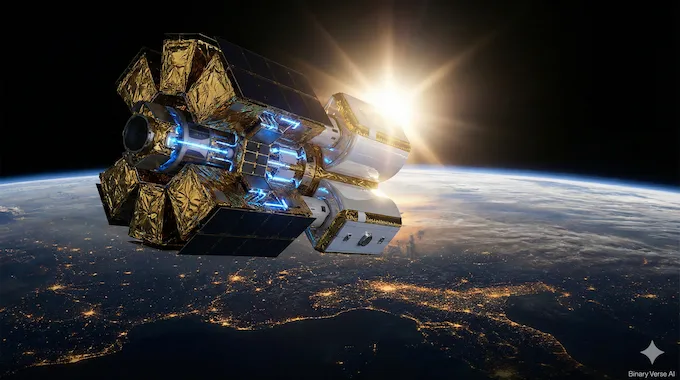 A futuristic orbital data center satellite above Earth, illustrating Google's space strategy for AI News November 29 2025.