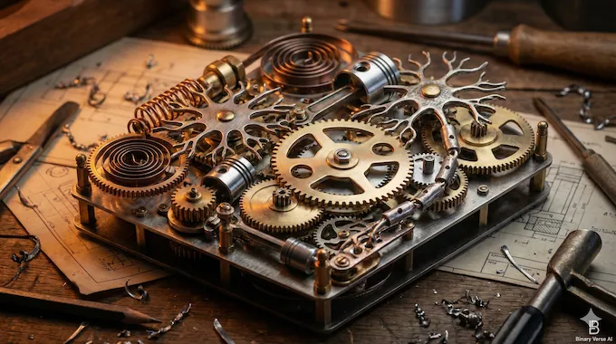 intricate brass mechanical gears acting as a computer circuit, illustrating Stanford's research for AI News November 29 2025.