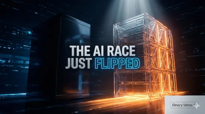 A split-screen editorial illustration showing glowing Chinese AI infrastructure overtaking US servers.