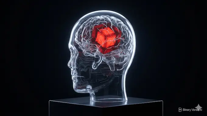 A transparent glass AI brain with a glowing red core representing hidden censorship.