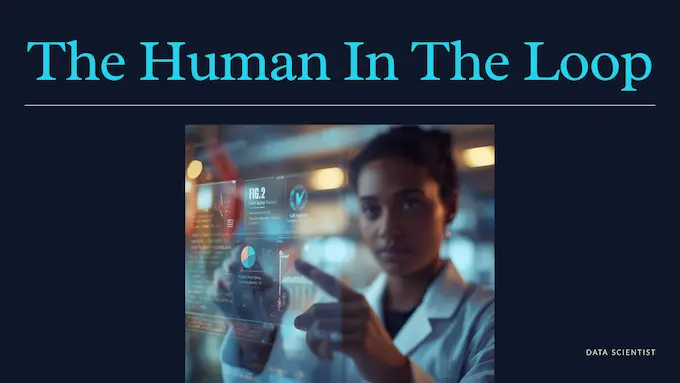 A researcher collaborates with an AI scientist on a transparent interface, balancing clarity, citations, and control.