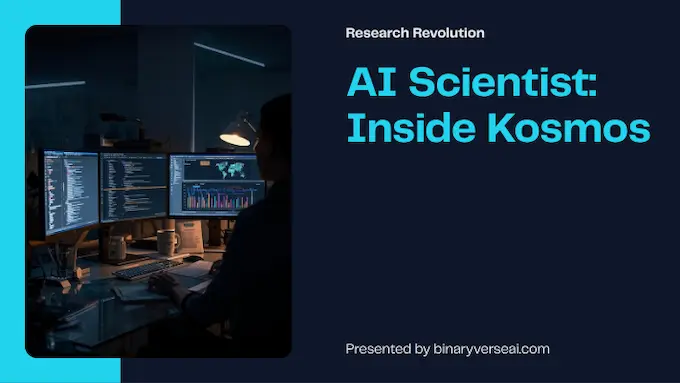 Feature cover of an AI scientist orchestrating research across lab screens with bold title and premium lighting.