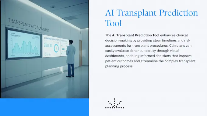 Clean clinical planning screen showing AI transplant timing and risk gauge in AI News November 15 2025.