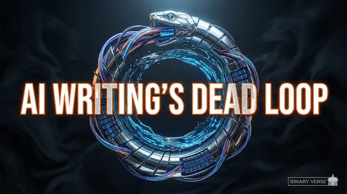 A futuristic chrome Ouroboros representing the AI writing dead loop cycle with neon data streams.