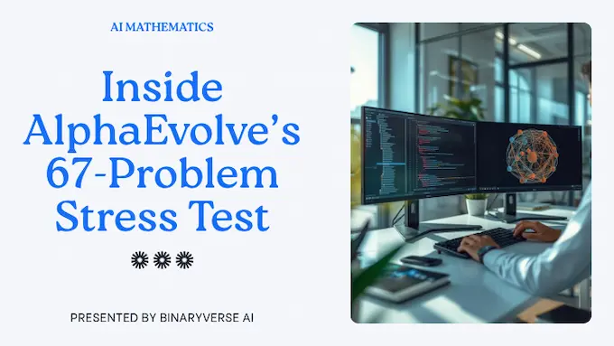 Bright editorial cover of AlphaEvolve’s 67-problem breakthrough in AI mathematics with code, spheres, and a bold headline.