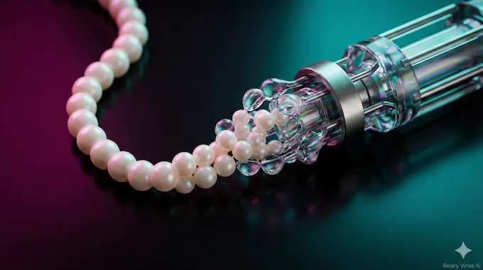 A macro shot of amino acid beads folding into a complex AlphaFold protein structure.