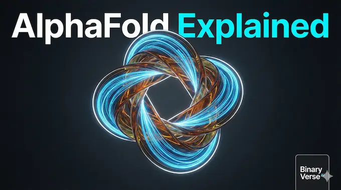 A glowing, intricate 3D protein structure visualizing AlphaFold solving biology's geometry problem.