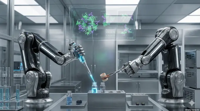 Sleek robotic arms perform chemical experiments in an automated lab while holographic molecular data floats in the background.
