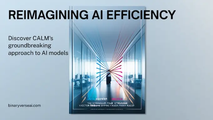 Cinematic data corridor with vector ribbons and headline showing CALM speeding autoregressive models.