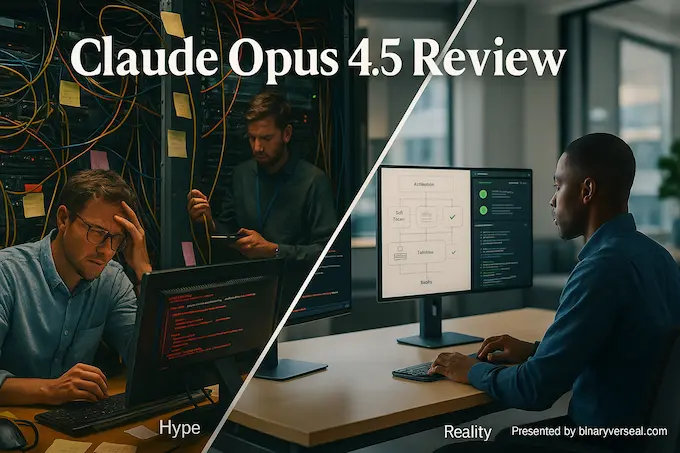 Cinematic control room showcasing Claude Opus 4.5 as the new king of code for a premium tech review cover.