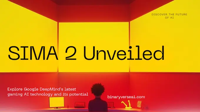 Editorial hero showing SIMA 2 as a gaming AI agent linking virtual worlds and robots in a bright neon tech palette.