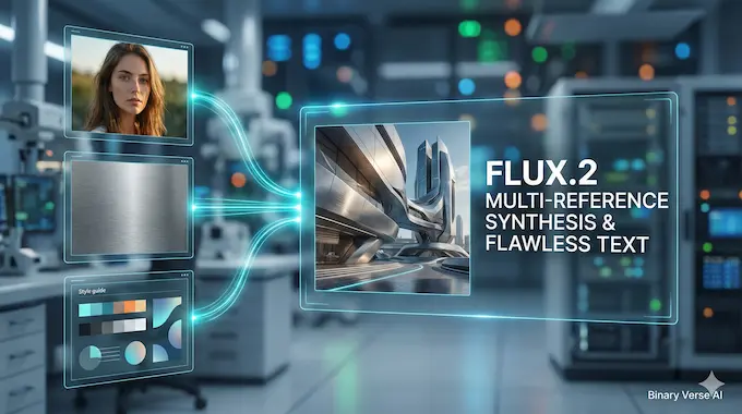 A futuristic glass interface visualization showing multiple image inputs converging into a flawless final output using FLUX.2 technology.