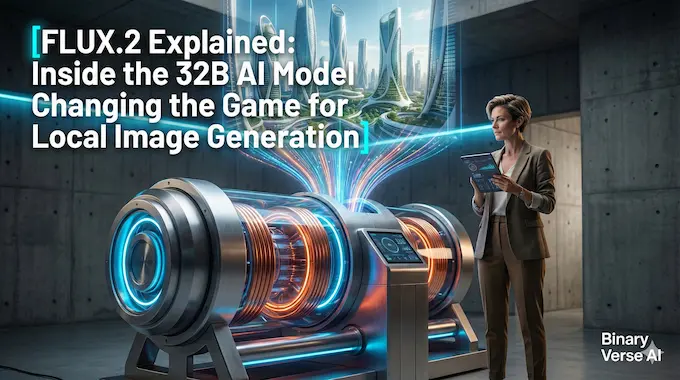 A creative director observes a massive, glowing computational engine projecting a photorealistic image, illustrating the power of FLUX.2.