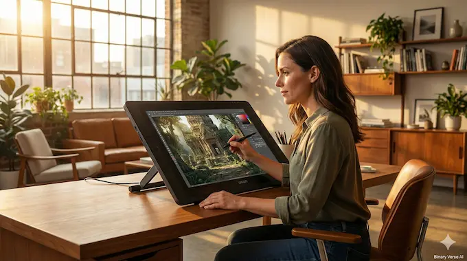 A professional digital artist works on a high-end display in a sunlit studio, utilizing FLUX.2 for professional creative workflows.