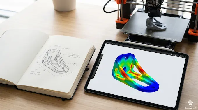 A desk scene showing a hand sketch evolving into a 3D simulation, representing the future of Text to CAD and generative design.