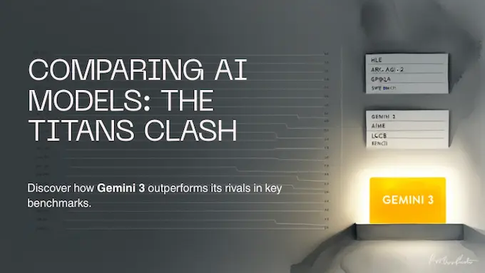 Clean comparison board highlights Gemini 3 across key benchmarks with high-contrast bars in a refined editorial style.