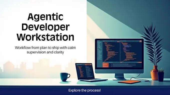 Night workspace shows agentic coding where Gemini 3 plans and builds across screens in a calm, professional setup.