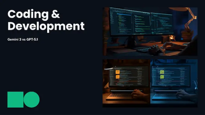 Developer desk visualizes coding workflows for Gemini 3 vs GPT-5.1 with editors, terminals, and review notes.