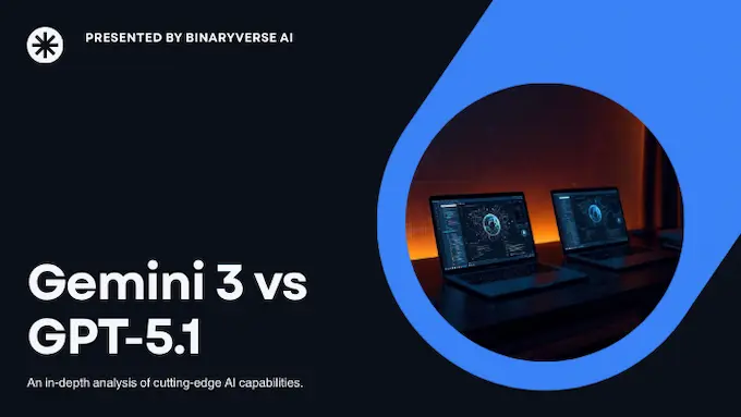 Editorial cover comparing Gemini 3 vs GPT-5.1 with split screens and bold headline in a pro tech palette.