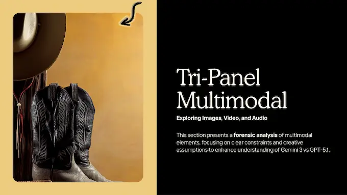 Triptych shows images, video, and audio workflows as Gemini 3 vs GPT-5.1 analyze media with precise callouts.