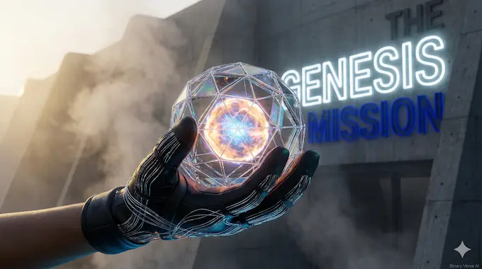 A scientist holds a sphere of nuclear plasma encased in silicon, representing the Genesis Mission fusing AI and physics.
