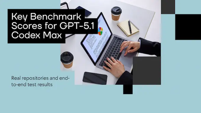 Clean scoreboard graphic with key benchmark percentages highlighting real project performance of GPT-5.1-Codex-Max.