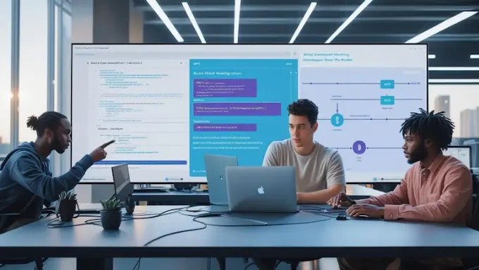 Developers using GPT-5.1 in an API dashboard with bright code windows, routing diagram and cloud icons in a clean studio style.