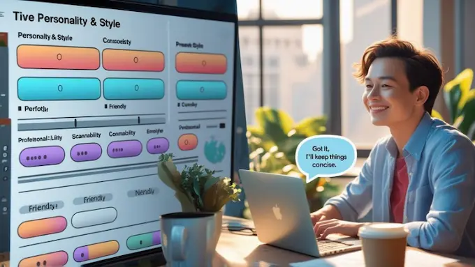 UI scene of GPT-5.1 personality sliders and style presets on a bright control panel beside a writer at a laptop.