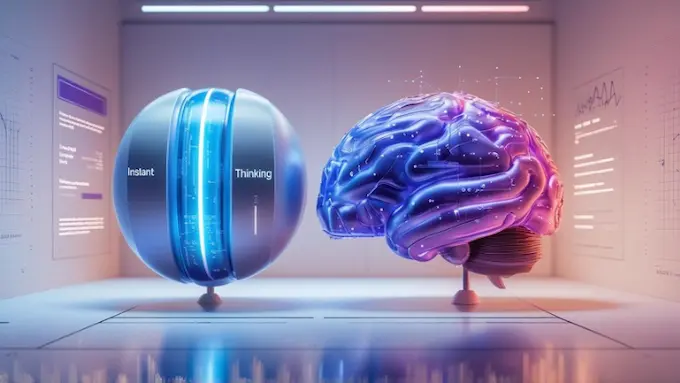 Concept graphic of GPT-5.1 Instant and Thinking models as two glowing brains on a bright dashboard with speed and depth indicators.