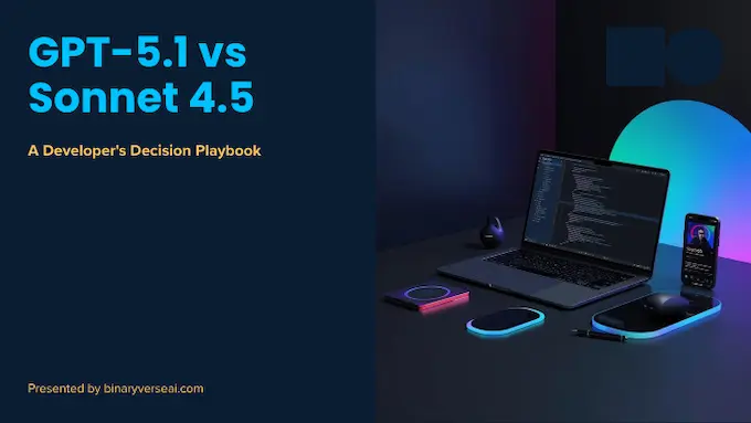 Bold feature comparing GPT-5.1 vs Sonnet 4.5 with split IDE and metrics cards, styled for a modern tech magazine cover.