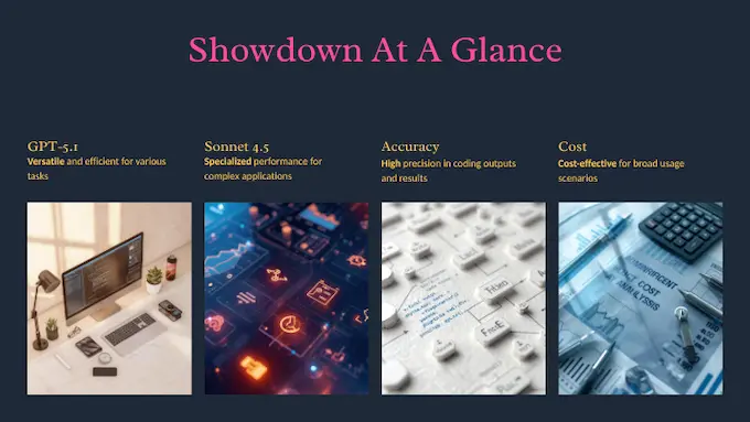 Side-by-side comparison graphic showing GPT-5.1 vs Sonnet 4.5 strengths with clean metric cards and a glowing center divider.