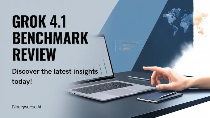 Magazine cover look highlighting Grok 4.1 with bold gradient headline over a chat workspace and benchmarks.