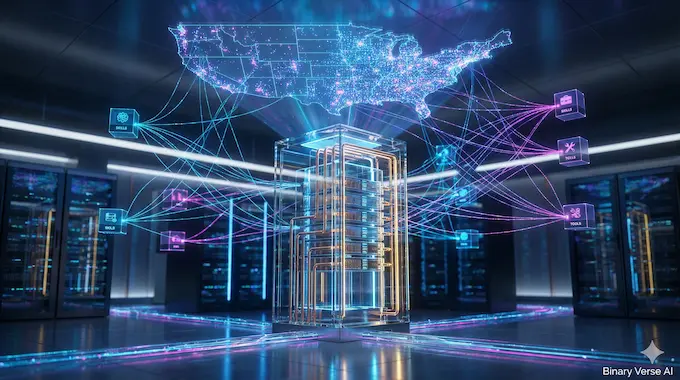 A futuristic data visualization showing a supercomputer simulating millions of U.S. workers representing the Iceberg Index methodology.