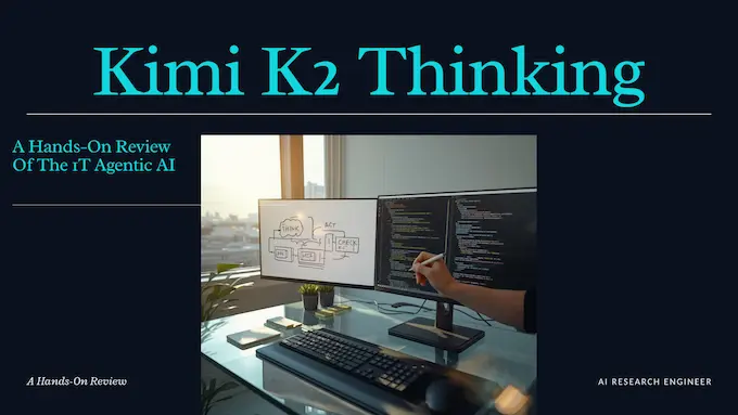 Bright workstation with headline and footer for Kimi K2 Thinking hands-on review, showing an agentic planning loop.
