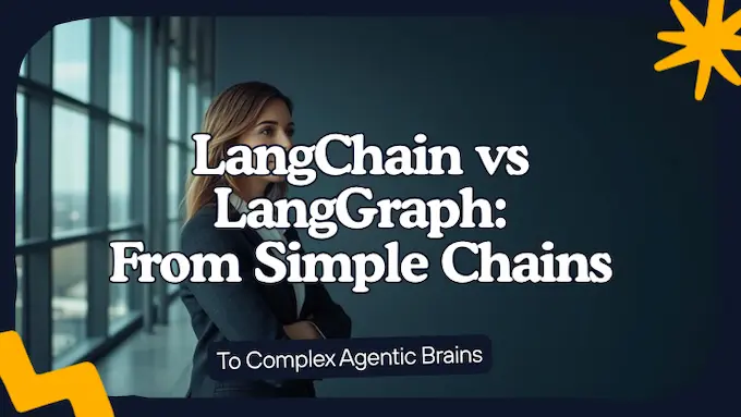 Professional woman in bright tech office with chain-to-graph visuals, illustrating LangChain vs LangGraph decision.