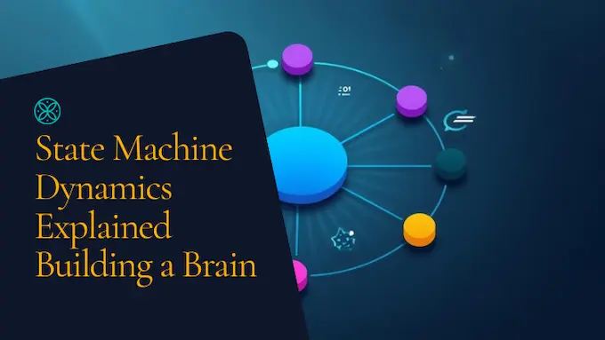 Vibrant node-and-edge state machine with loops and pauses, depicting LangChain vs LangGraph agentic workflow.