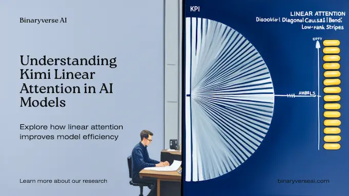 Linear attention visualization with diagonal and low-rank stripes beside a developer at work for AI News November 8 2025.