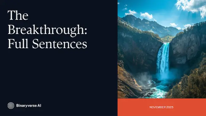 A cliff-jump scene with evolving caption timeline shows mind reading AI progressing to a precise sentence.