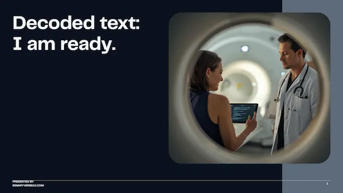 Patient and clinician review mind reading AI caption on a tablet in a calm clinic, clear and dignified.