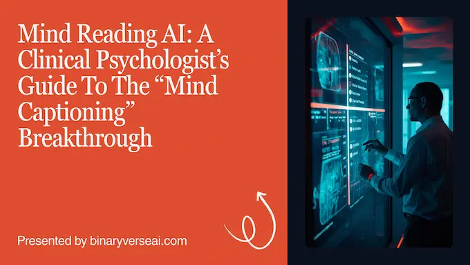 Clinician reviews mind reading AI caption overlay in an MRI control room, headline above, clean and modern.