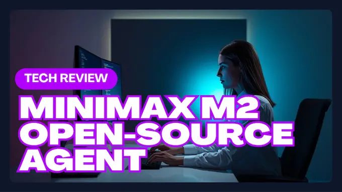 Professional engineer testing MiniMax M2 on dual monitors in a bright studio with code and agent workflow visible.