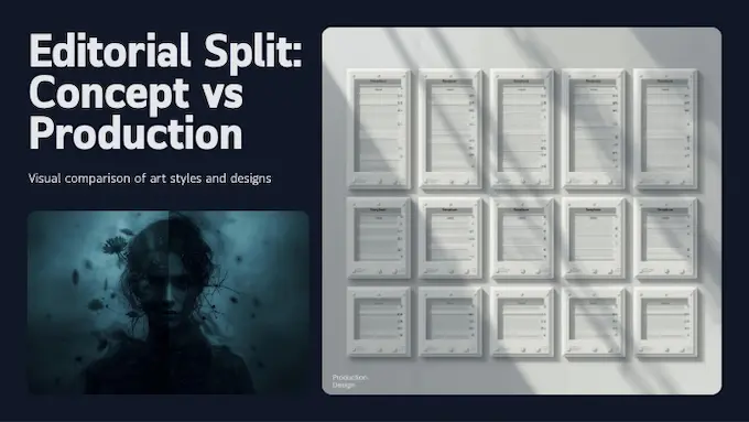 Split editorial layout comparing concept art vibes to production design strengths to contrast Nano Banana Pro with Midjourney.