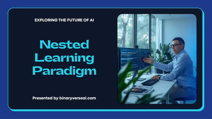 Researcher in a bright lab presenting multi-tempo memory clocks that explain Nested Learning for self-improving AI.