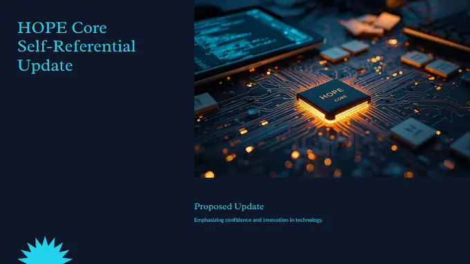 Macro scene of the HOPE core proposing updates with confidence gates, visualizing Nested Learning in action.