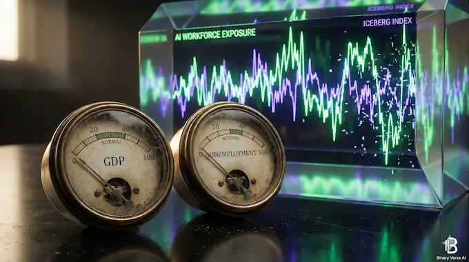 A conceptual photo showing antique gauges for GDP and Unemployment contrasted against a modern digital display of the Iceberg Index.