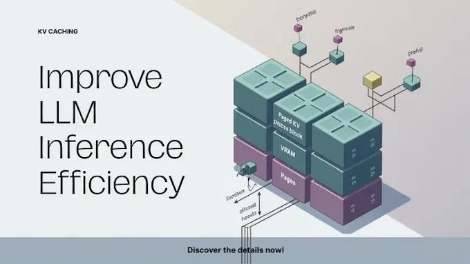 Diagram shows paged KV cache blocks and reduced fragmentation to improve LLM inference efficiency.