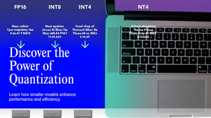 Comparison of FP16, INT8, and INT4 blocks shows memory savings and speed gains for LLM inference.