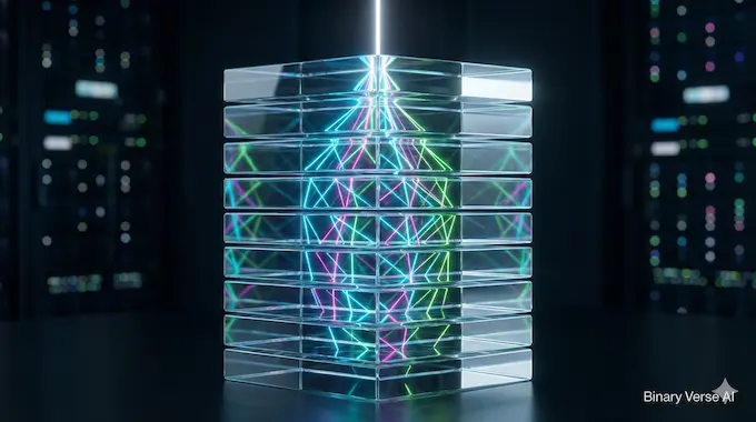 A tower of glass layers illuminated by refracted data light symbolizing Qwen3-VL DeepStack architecture.